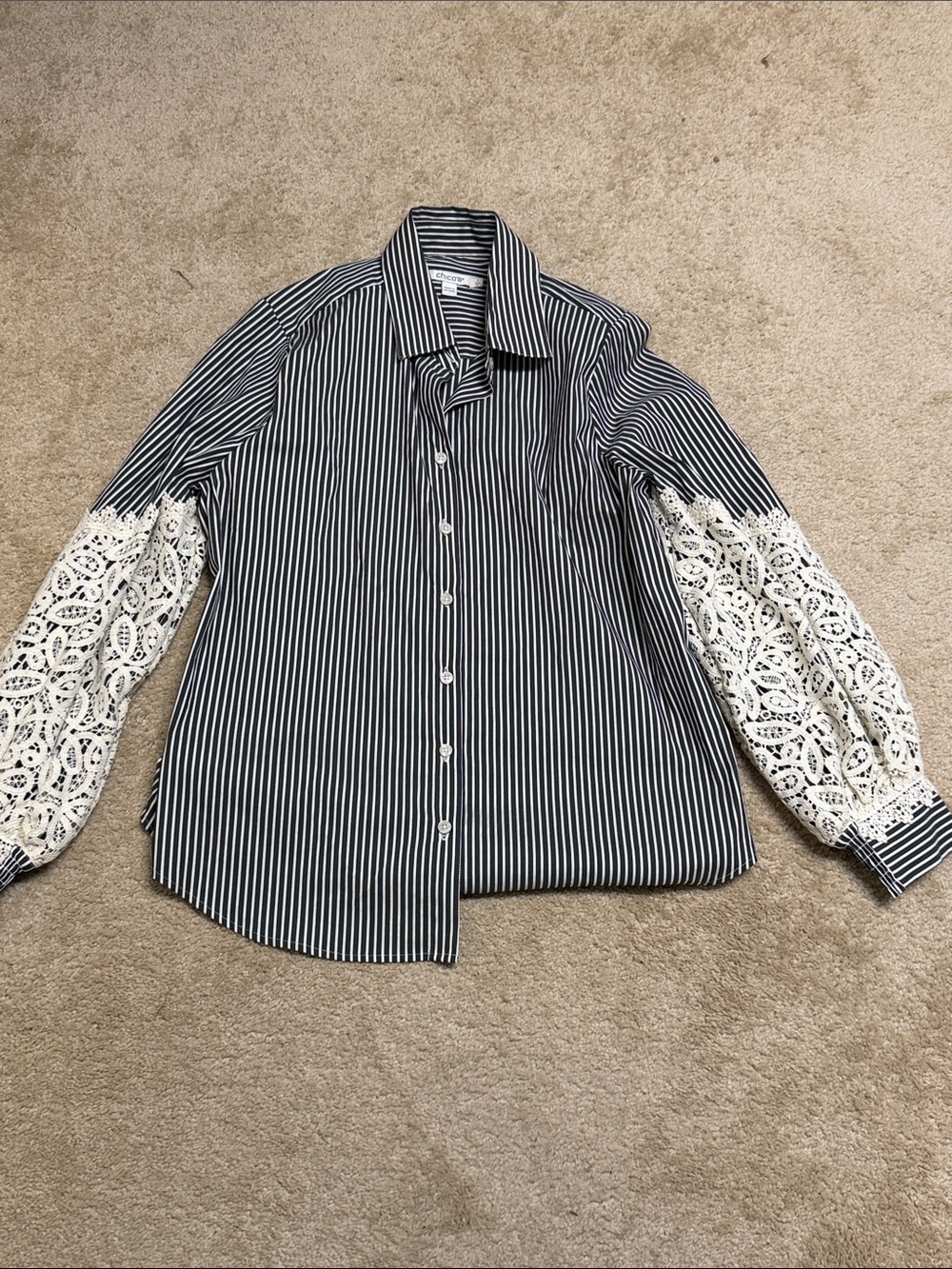 Chico's Black & White Striped Button-Down with White Lace Sleeves